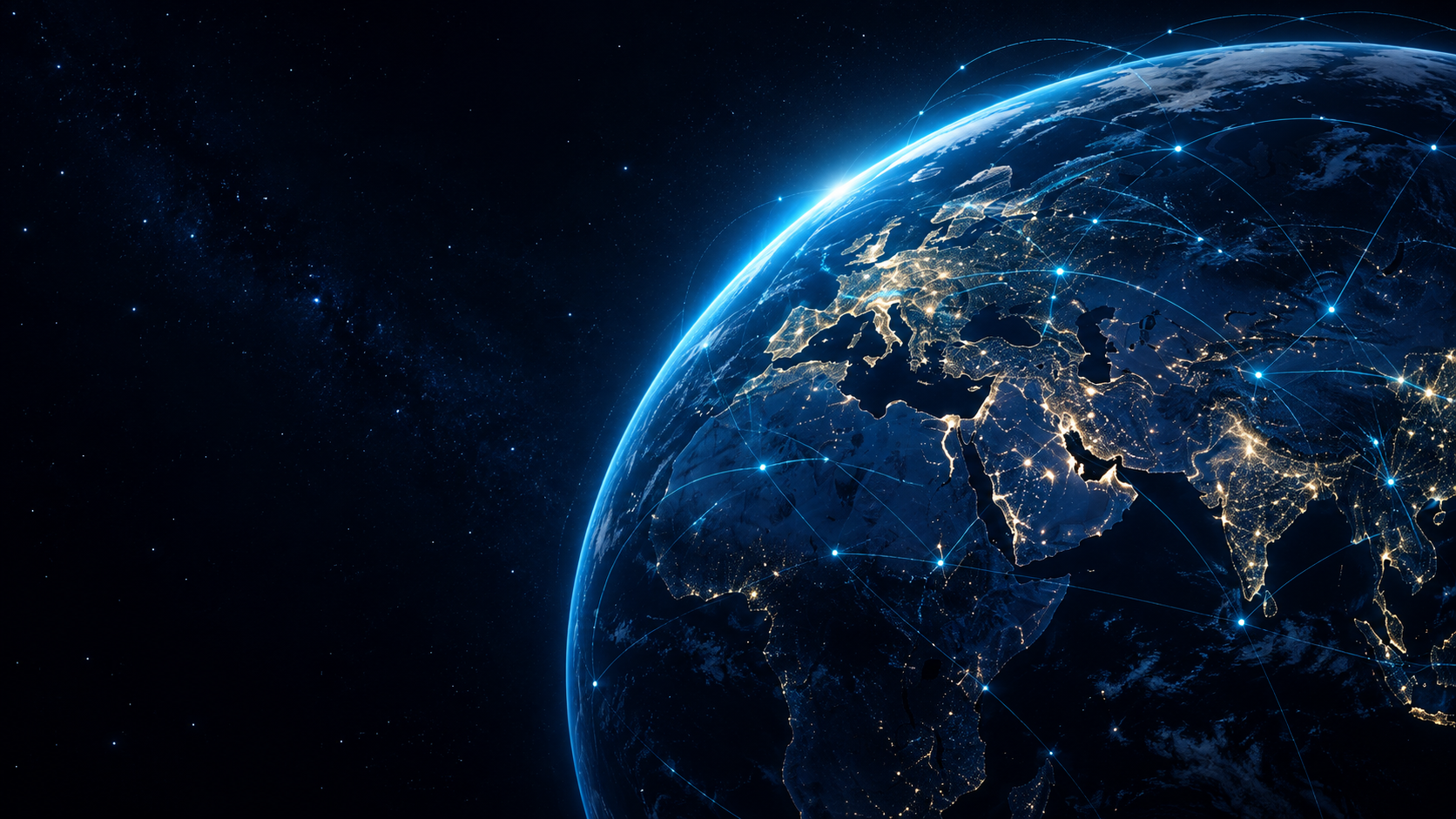 Earth at night with a strategic digital network overlay